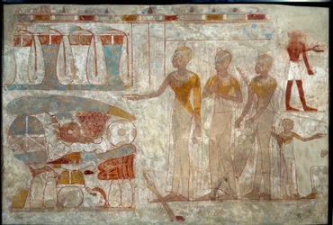 古代エジプト美術：宴席の音楽家たち。シルトに描かれた絵画（紀元前1400年頃）。