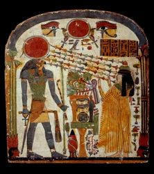 古代エジプトの美術：テーパーレットの碑 故テーパーレットがリ・ホラクティ（Re Horakhty、紀元前900～800年頃）に祈りを捧げている パリ、ルーヴル美術館