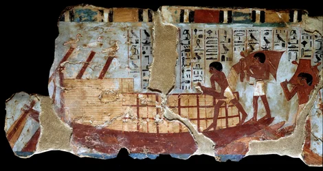 エジプトの古代美術：テバン族のオウンソウの墓の壁画：水による小麦の運搬、耕作、植え付け、収穫、収穫物の運搬、穀物の脱穀と剥ぎ取りなどの一連のフレスコ画。トゥトモスの墓（Tuthmosis or Thutmu