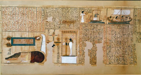 エジプトの古代史：死者の書の断片、ネブケドのパピルス。魂の重さを表すディテール。第18王朝時代。紀元前1400-1350年。パリ、ルーヴル美術館