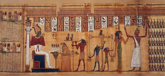 エジプト古代美術：魂の計量、アモンの天文学者たちの長であるチャハピイムーの『死者の書』のパピルス。プトレマイオス朝時代（紀元前332-30年）。紀元前500-100年頃。パリ、ルーヴル美術館。