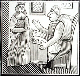 占い師に助言を求める女性（14世紀～17世紀に発行された秘伝書コレクションの中の「西の母バンチの歴史」の挿絵のコピー（木版画）