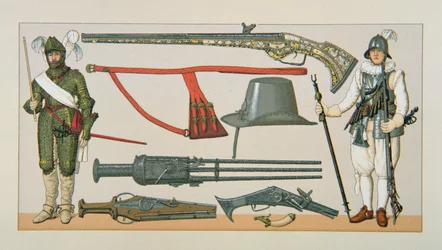 17世紀のフランス兵と銃器（カラーリトグラフ