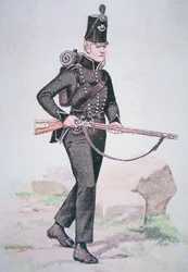 1810年頃、ロンドンのエゼキエル・ベイカーが設計したベイカー・ライフルで武装した第95ライフル隊の一等兵（カラーリトグラフ版