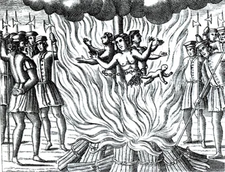 ガーンジー島で火あぶりにされた3人の殉教者に関する記述（ジョン・フォクセ（1516～87年）の「行為と記念碑」版より）（版画