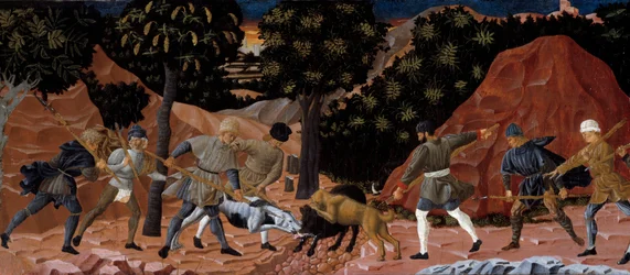 猪の狩猟シーン。詳細はこちらフィレンツェ派の無名の絵画。1450-1460.トゥールーズ、オーギュスタン美術館（Musee des Augustins