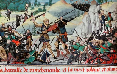 シャルルマーニュの甥、騎士ローランの死。シャルルマーニュ軍とサラセン人の間のロンセスバリェスの戦い（778年）にて。細密画。パリ国立図書館