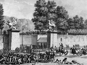 フランス革命の最初の出来事。1789年7月12日、第一次革命派を鎮圧するために、王室ドイツ人の分隊とともにチュイルリーに入るランベスク公爵（1754-1825）ムッシュー・シャルル・ユージン・ド・ロレーヌ（Monsieur Charles Eugene de Lorraine）。パリ、歴史研究所図書館