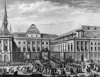 フランス革命。パリ市庁舎、1790年11月の島の議会、ジャン・バティスト・ガスパール・ボシャール・ド・サロン（1730-1794）が議長を務めた。パリ、革命史研究所の図書館