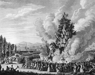 フランス革命：1792年7月14日のバスティーユ捕囚を記念して、チュイルリー宮殿から王政の象徴を燃やす大ブーシャーが登場。パリ、革命史研究所付属図書館