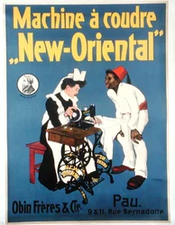 Obin Freres & Co.製の「ニュー・オリエンタル」ミシンの宣伝ポスター（カラーリトグラフ）。(カラーリトグラフ）