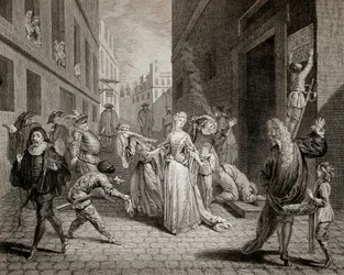 恐怖（1793〜1794年）。イタリアのコメディアン（コメディア・デラルテの登場人物を演じる）が、パリの劇場の検閲によりパリ市内から狩り出される。エングレーヴィング個人蔵
