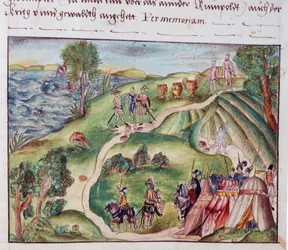 MS Add.15217 fol.40 ニュルンベルクの Coeler 家族の回顧録のコレクションからのスペインの野営地のあるベネズエラの風景