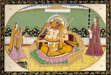 リディとシッディを持つガネーシュ神 ミニチュア絵画 インド