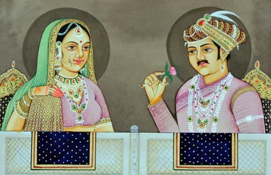 アクバルとジョダ・バイの細密画 インド・アジア