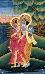 クリシュナ神と彼女の最も偉大な帰依者ラーダの絵画、インド