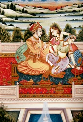ムガル帝国の皇帝と妻たちの恋の場面を描いた絵画、インド