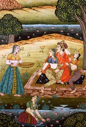 ムガル帝国の皇帝と妻たちの恋の場面を描いた絵画、インド