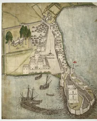 アイルランド、キャリクファーガスの城と町、1560年頃（紙にペンとインクと水彩）