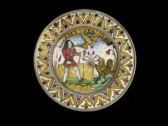 イソップ寓話の一場面を描いた皿、デルタ窯、1490～1510年頃（マイオリカ