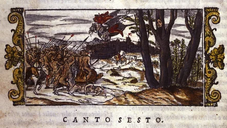 ルッジェーロはヒッポグリフに連れられてアルチーナ島に行くが、そこで怪物の軍勢に襲われる（Ludovico Ariosto（1474-1533）「Orlando Furioso」より