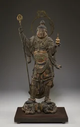 Bishamonten（Vaisravana、北の守護者）（クリスタル、金箔、金属を使用した多色の木材）