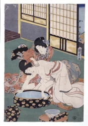 コンパニオン ワイピング パウダー オフ 女性の首と肩 (カラー木版画)