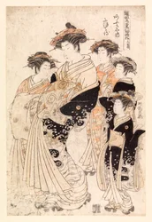 5人の日本人女性（カラー木版画）