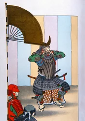 昔の日本の侍。1600年、関ヶ原の戦いの後の徳川家康（カラーリトグラフ