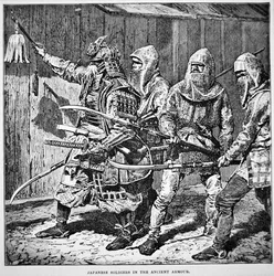 鎖帷子に身を包み、棒状の武器を持った一般の兵士を率いる古日本の侍（リトグラフ）