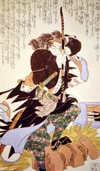 弓を引く日本の戦士（カラー木版画）