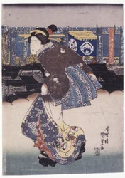 女性; 背景のバナーの俳優の名前 (カラー木版画)
