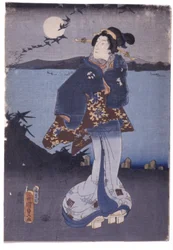 湖畔で満月と降りるガチョウを眺める女性（色木版画）