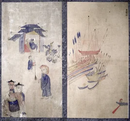 三国志を描いた八曲一双のパネル（紙に天然顔料）