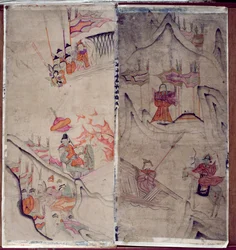 三国志」を描いた八曲一双の屏風2面（紙に天然顔料）