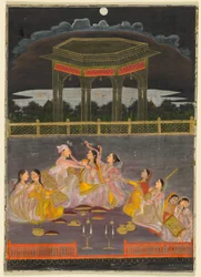 夜のテラスで王宮の女性たちとホリを祝う王子、1760年頃、不透明水彩、金、紙