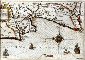 1592年にライデンで印刷されたLuca J. Waghenaer Treesor of zeevaertのポーチュランにちなんで、ポルトガルの端にあるサグレス岬（または聖なる岬）を描いたもの。