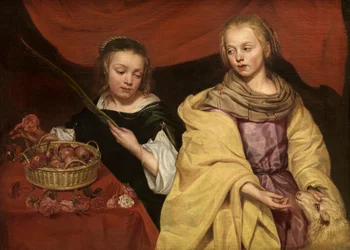 ローマの聖アグネスとカエサレアのドロテア（パネルに油彩）