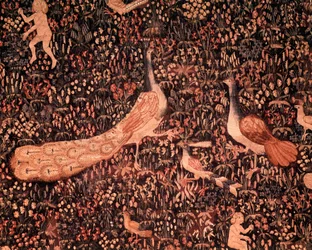 領主生活の垂幕：鳥と孔雀を描いた細部。1520年頃にネーデルラントで制作された羊毛と絹のタペストリー。2,6 x 3,7 m、パリ、中世国立博物館、クリュニー浴場