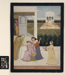 他の人がホリを演じている間、女性は非難します、c.1790（不透明な水彩画、紙に銀と金）