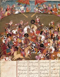 イスラム美術：戦闘シーン。フェルダウシ（Ferdawsi, or Firdousi, ca. 940-around 1020）の叙事詩「シャーナメ」（Shah Nama, Shahnama）（王の書）の写本に描かれたペルシャの細密画。