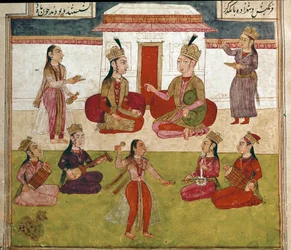 イスラム美術：ハレムでのコンサートや娯楽。フェルダウシ（Ferdawsi, or Firdousi, ca. 940-around 1020）の叙事詩「シャーナメ」（Shah Nama, Shahnama）（王の書）の写本からのペルシャ語の細密画
