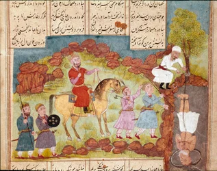 イスラム美術：敵を拷問し、木の根元に生き埋めにするシーン。フェルダウシ（Firdawsi, or Ferdawsi, or Firdousi, ca. 940-around 1020）の叙事詩「シャーナメ」（Shah Nama, Shahnama）（王の書）の写本に描かれたペルシャの細密画。