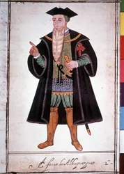 アルブケルケ（1453-1515）によるアルフォンス（アルフォンソまたはアフォンソ）の肖像。ポルトガルの15世紀の写本。