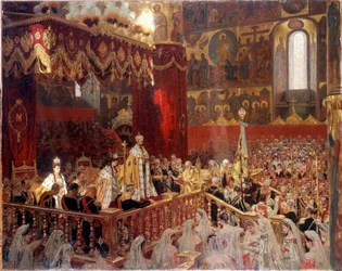 1896年にモスクワの生神女就寝大聖堂で行われたニコライ2世の戴冠式 - ロシアの作者不詳の絵画