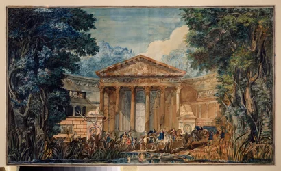 Giovanni Paisiello (Paesieillo または Paesieixo) (1740-1816) によるオペラ「Fedra」(Phedre) の準備装飾。 1800 年頃、紙に水彩とグワッシュを描いたロシアの巨匠の作品。 ロシアの風景画
