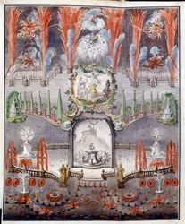 1747年9月17日、ゴスチリツィ（ロシア）の花火と照明。作者不詳、水彩で彩色された銅版画、18世紀半ば。ロシア美術