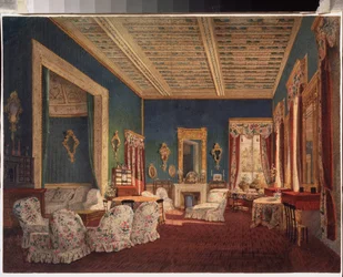 Denezhnykove マンションのインテリア。 ロシアの巨匠による絵画、キャンバスに油彩、19 世紀半ば。 ロシアの芸術。 歴史と芸術の博物館、Ramenskoye (ロシア)。