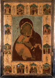 「ウラジミールの聖母」(ウラジミールスカヤ) ロシアのイコン。 木に絵を描く。 1514年 クレムリン生神女就寝大聖堂、モスクワ