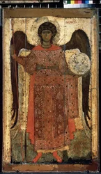 「大天使聖ミカエル」ロシアのイコン。 木に絵を描く。 1300年頃。国立トレチャコフ美術館、モスクワ